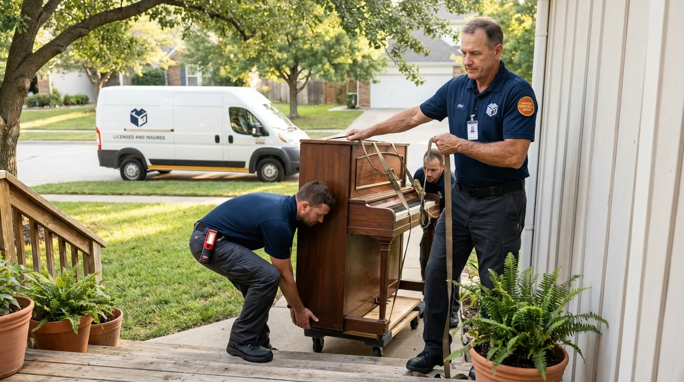 Licensed piano movers securing grand piano in Anna Maria, FL