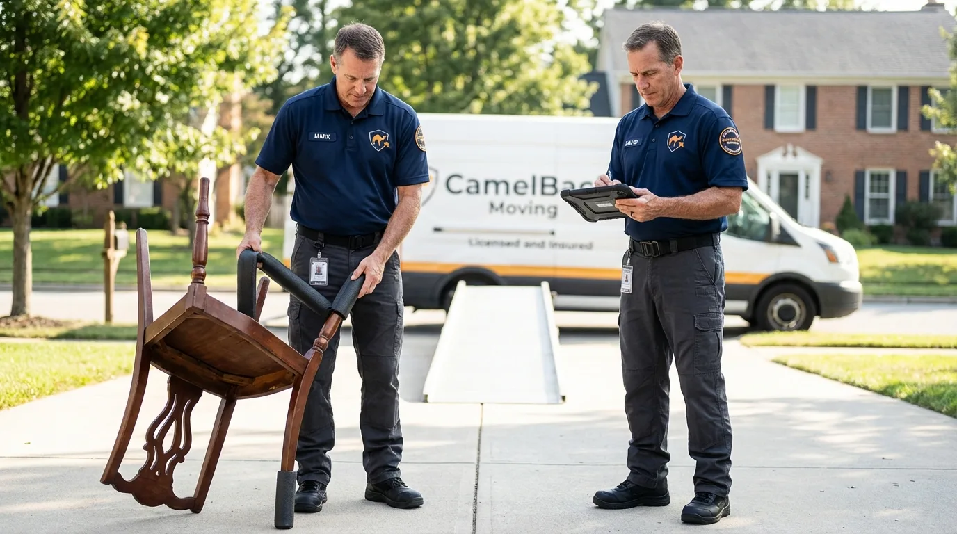 Movers inspecting furniture for damage prevention before loading in Anna Maria, FL