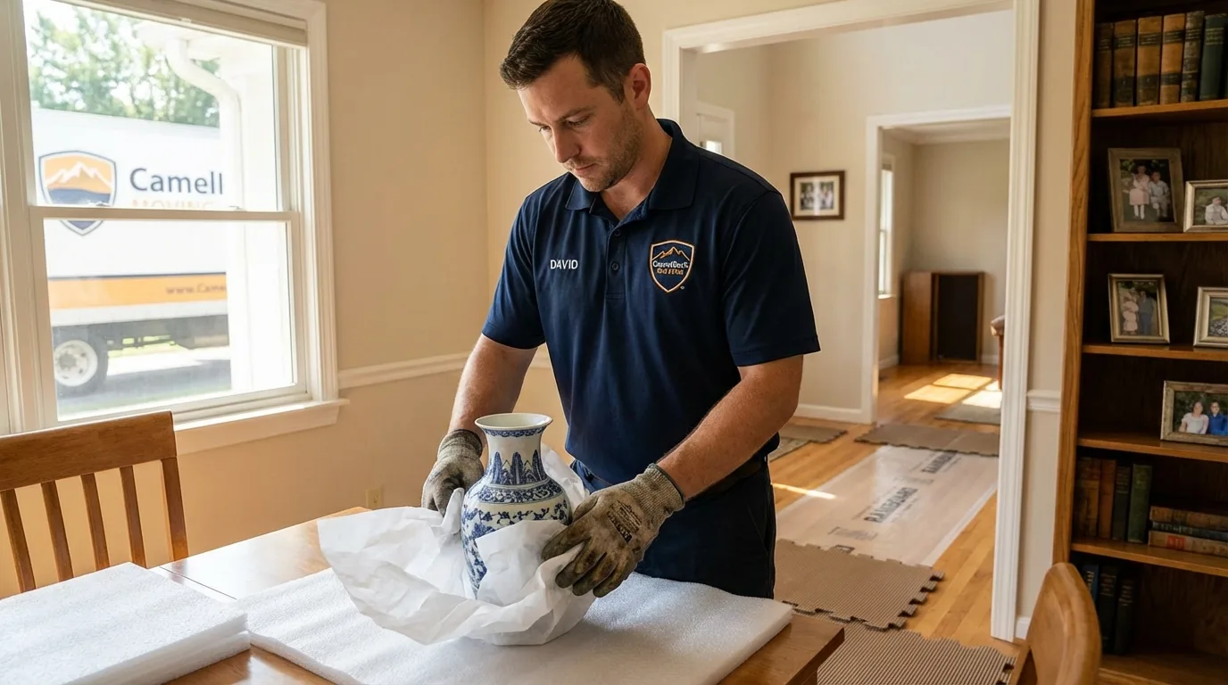 Professional crew carefully wrapping antique vase for senior downsizing move in Anna Maria, FL